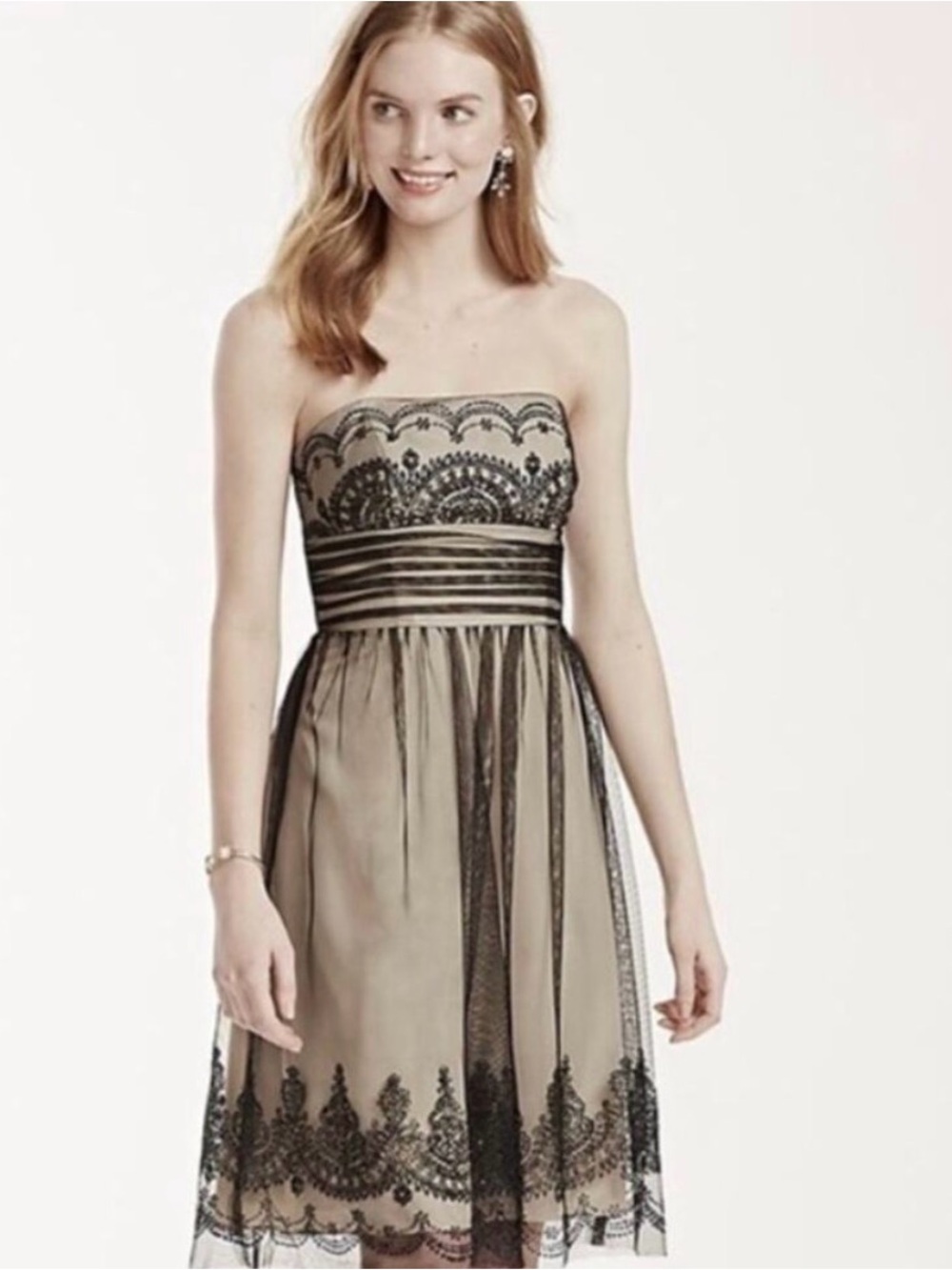 David's Bridal Strapless Black Lace on Beige Cocktail Dress
